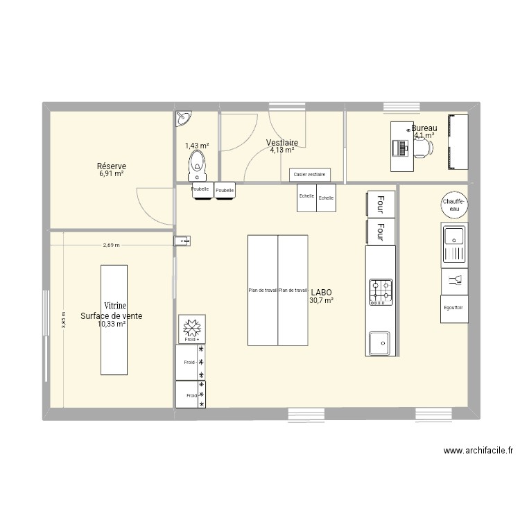 futur labo patisserie. Plan de 6 pièces et 58 m2