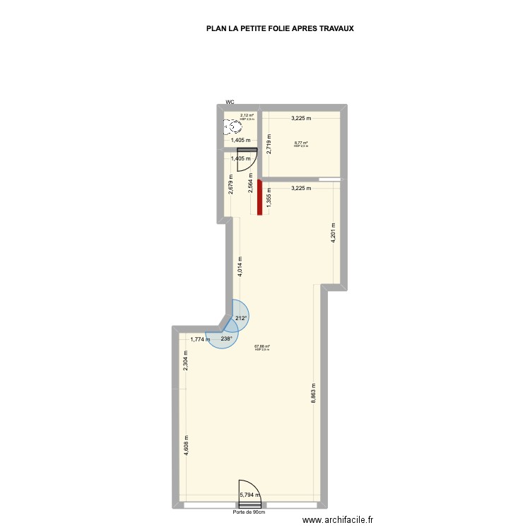 Plan LA PETITE FOLIE apres travaux. Plan de 3 pièces et 79 m2