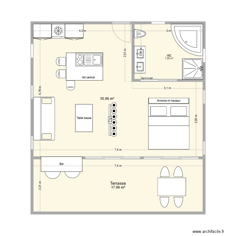 bungalow. Plan de 3 pièces et 59 m2