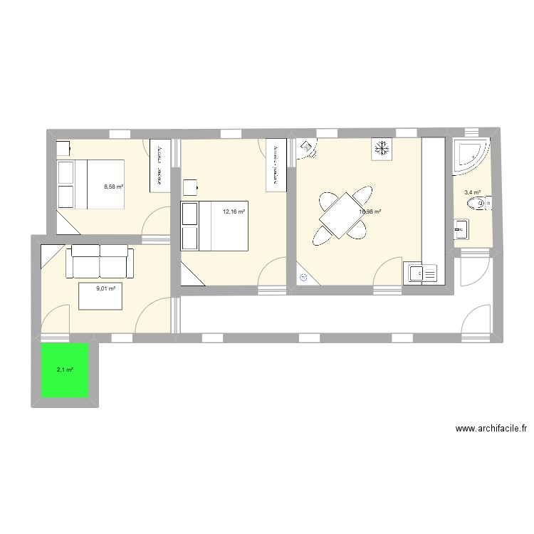 appart1. Plan de 6 pièces et 52 m2