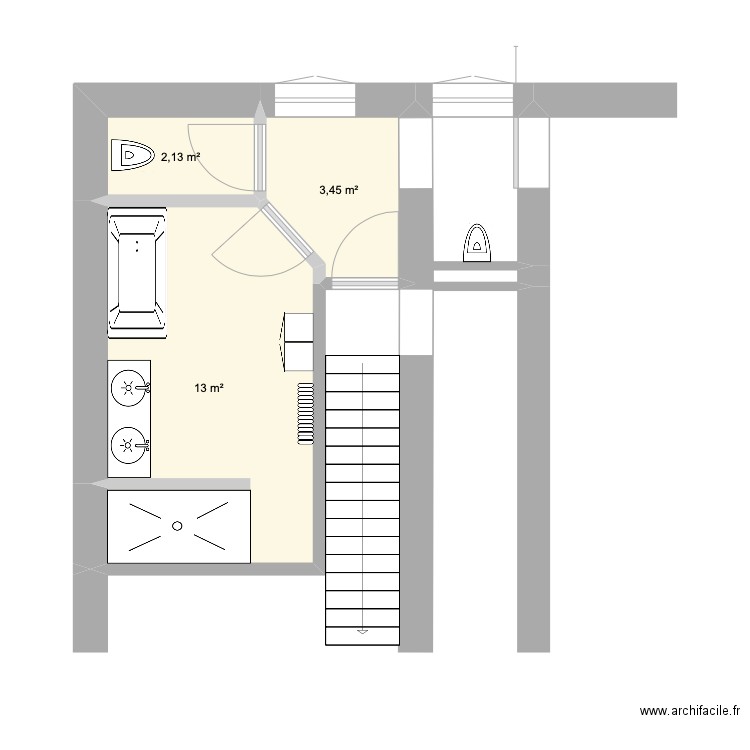 sdb toilette. Plan de 3 pièces et 19 m2