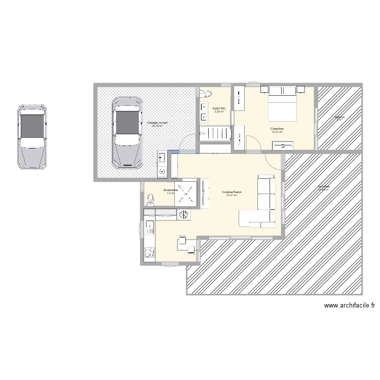 T2 de 60 M2. Plan de 7 pièces et 133 m2