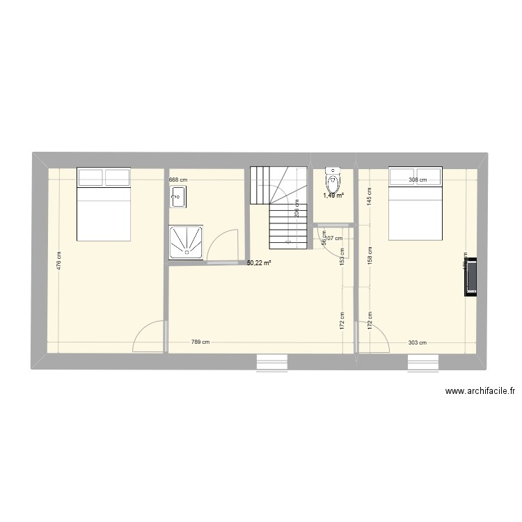 jojo etage. Plan de 2 pièces et 52 m2