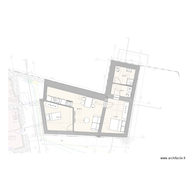 UnToit Pigonet T2 en T3 RDC. Plan de 5 pièces et 51 m2