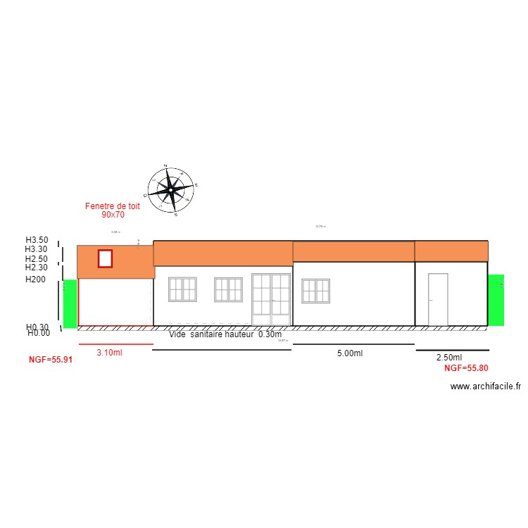 Facade SUD                                chalet 67. Plan de 7 pièces et 58 m2