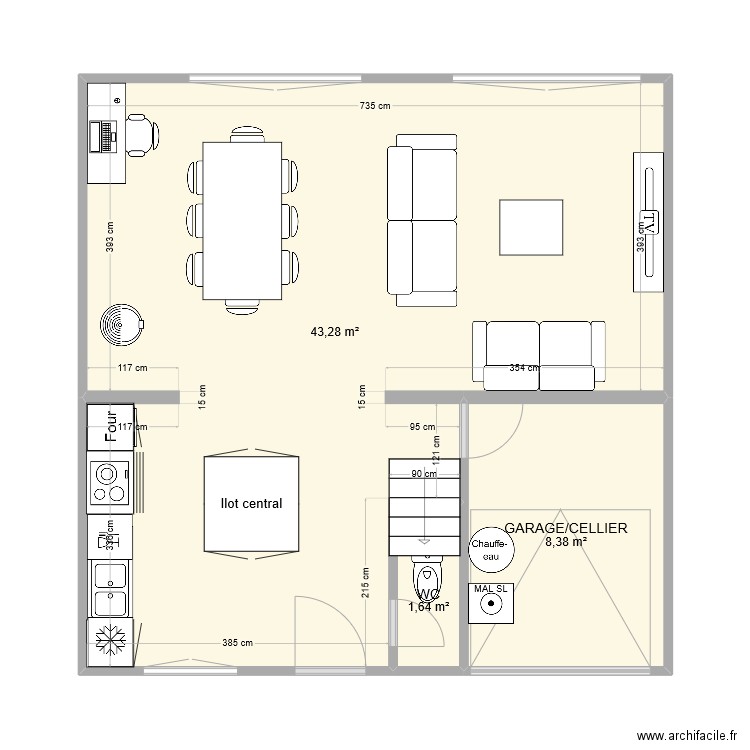 RDC FLO-DINE. Plan de 3 pièces et 53 m2