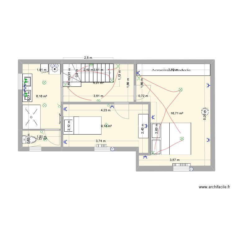 1er étage. Plan de 18 pièces et 162 m2