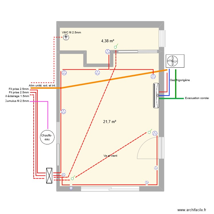 Extension électricité. Plan de 2 pièces et 26 m2