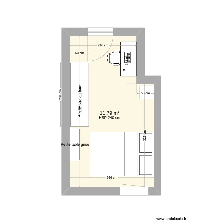 petite chambre. Plan de 1 pièce et 12 m2