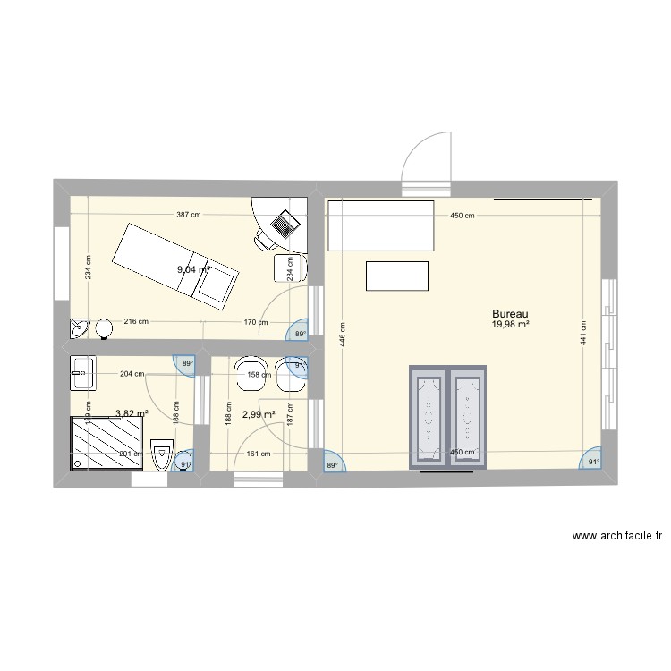 Cabibi. Plan de 4 pièces et 36 m2