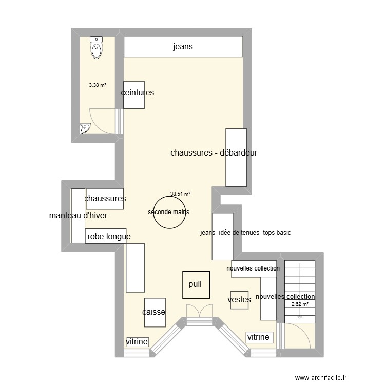 plan du magasin stage. Plan de 3 pièces et 45 m2