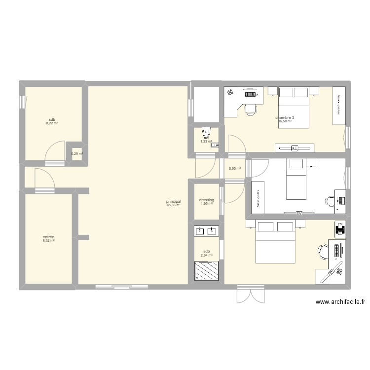 plan maison planaise partie nuit. Plan de 9 pièces et 107 m2