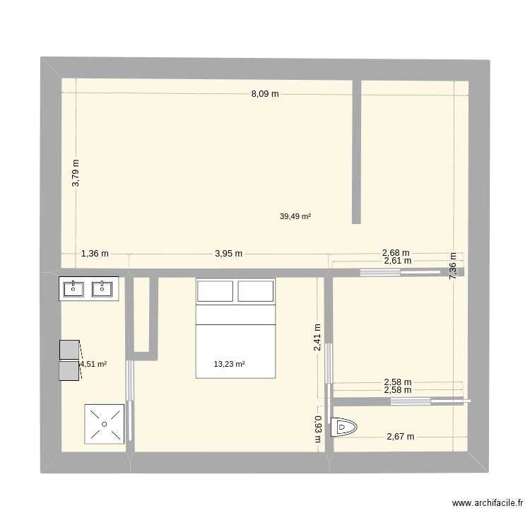 Cube Rez de Chaussé projet 2. Plan de 3 pièces et 57 m2