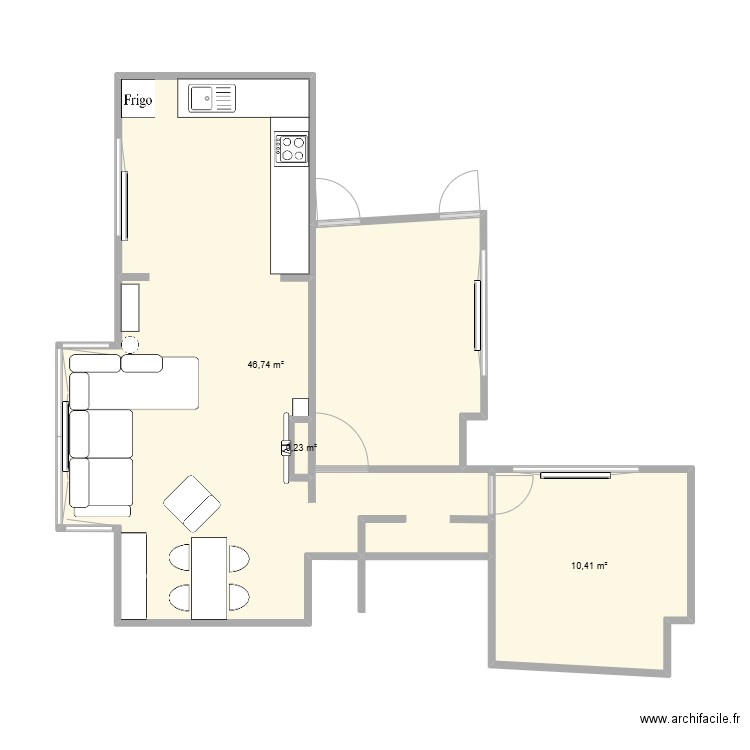 Salon 1. Plan de 3 pièces et 57 m2