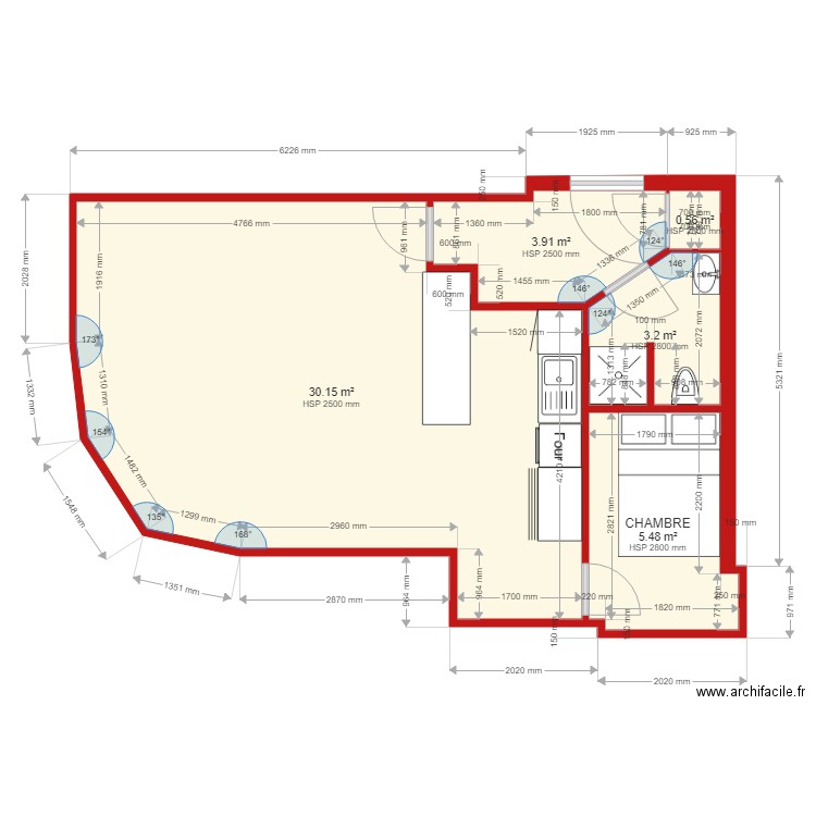 FLAT GAUCHE SITUATION PROJETTEE. Plan de 5 pièces et 43 m2