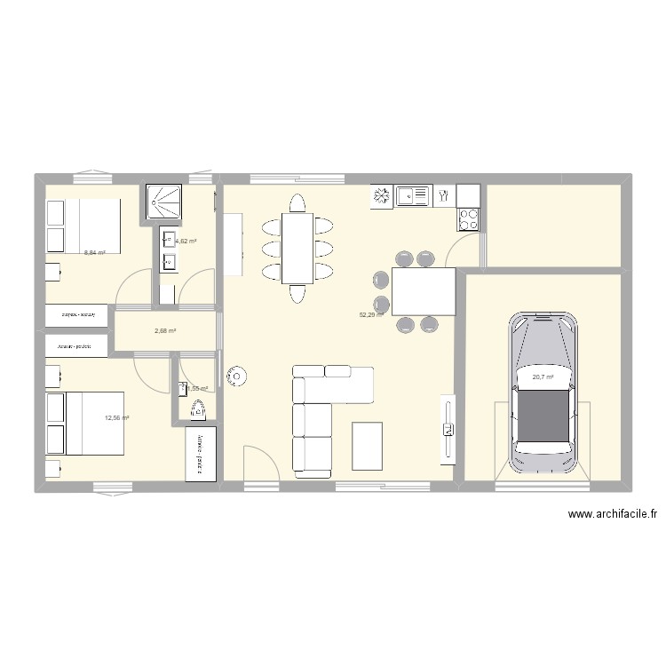 Maison rez de chaussée 2 chambres. Plan de 0 pièce et 0 m2