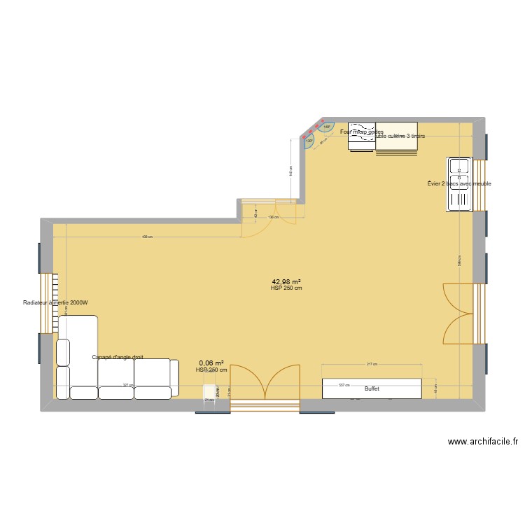 Salon-Salle_a_manger. Plan de 2 pièces et 43 m2