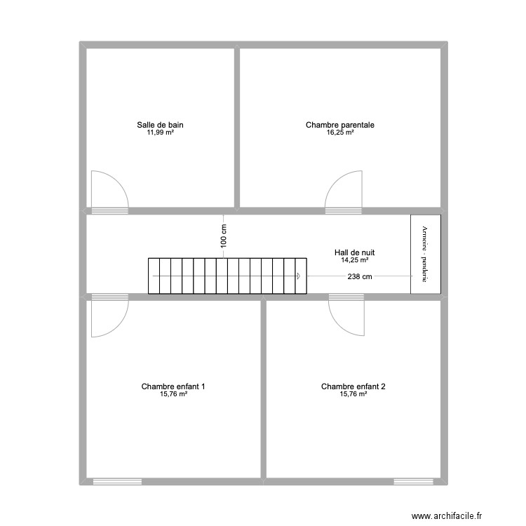 Etage maison 2. Plan de 5 pièces et 74 m2