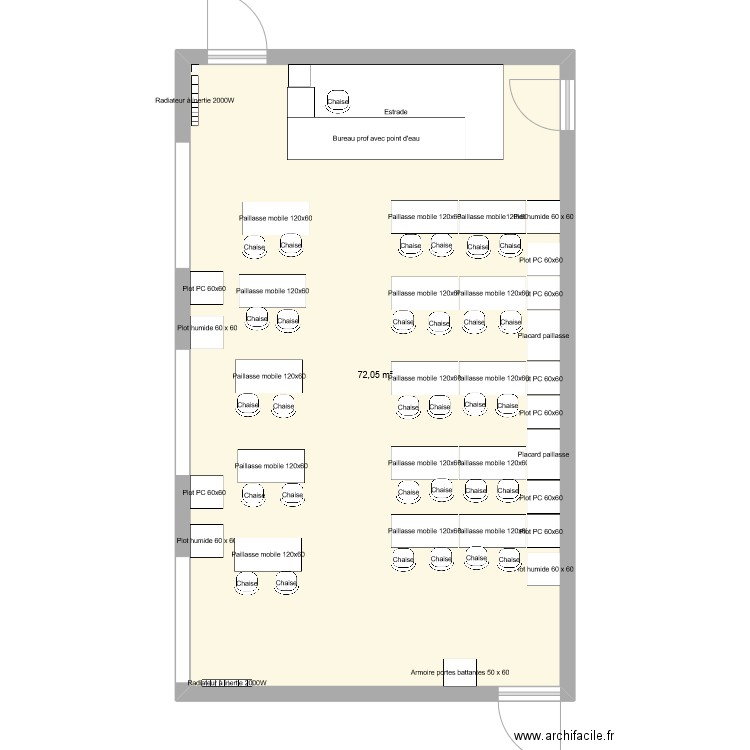 Salle de classe. Plan de 1 pièce et 72 m2