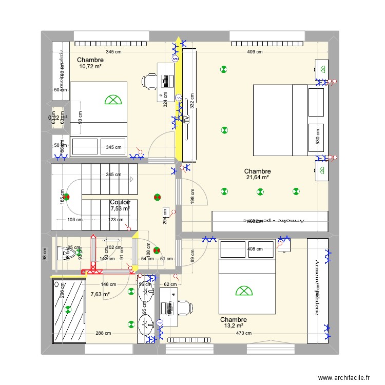 2e étage. Plan de 6 pièces et 61 m2