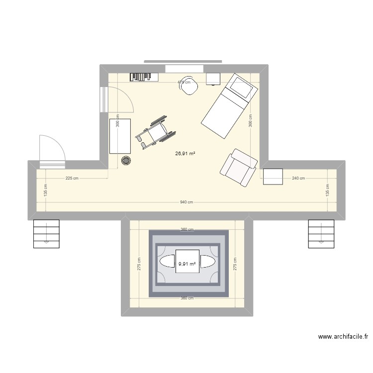 Misery. Plan de 2 pièces et 37 m2