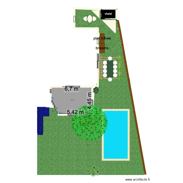 terrasse 45 m2. Plan de 1 pièce et 28 m2