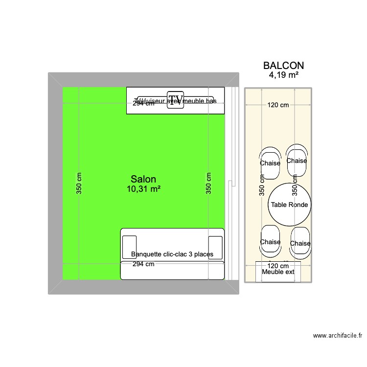 BALCON. Plan de 2 pièces et 14 m2