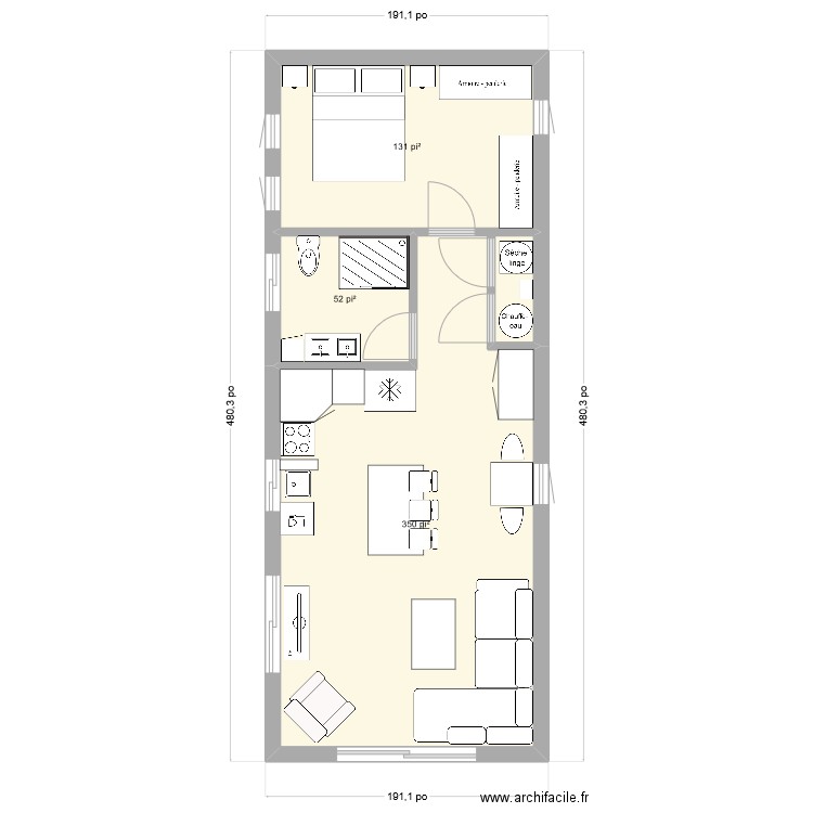 Mini. Plan de 3 pièces et 50 m2