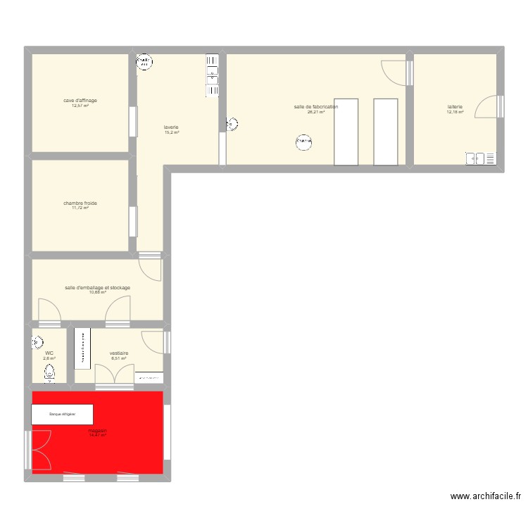 projet de fromageie. Plan de 9 pièces et 112 m2