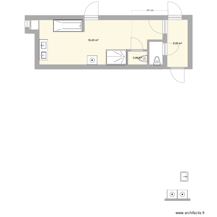 SALLE DE BAIN A2. Plan de 3 pièces et 21 m2