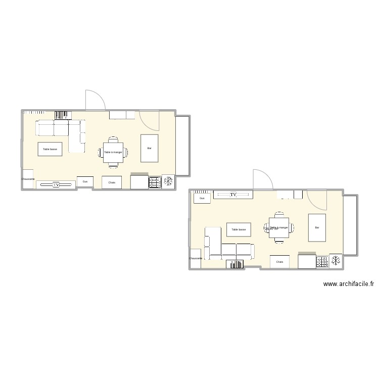 salon. Plan de 2 pièces et 53 m2