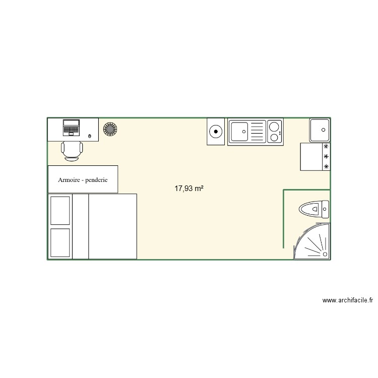 contener aménagé. Plan de 1 pièce et 18 m2