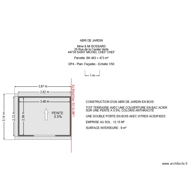 DP 4 BOSSARD 2. Plan de 1 pièce et 9 m2