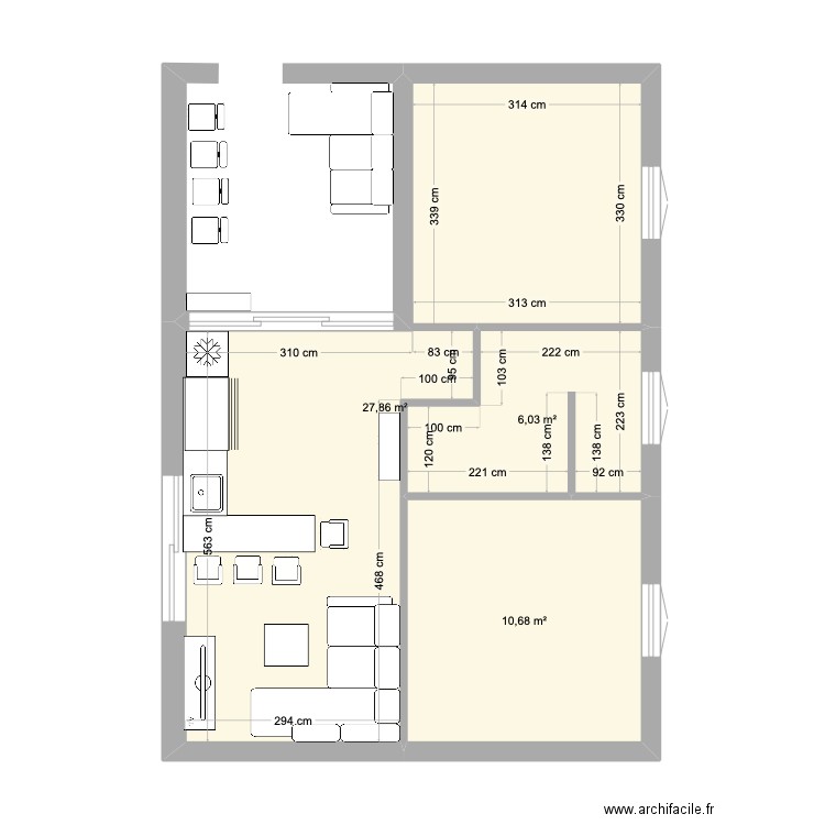 Etage. Plan de 3 pièces et 45 m2