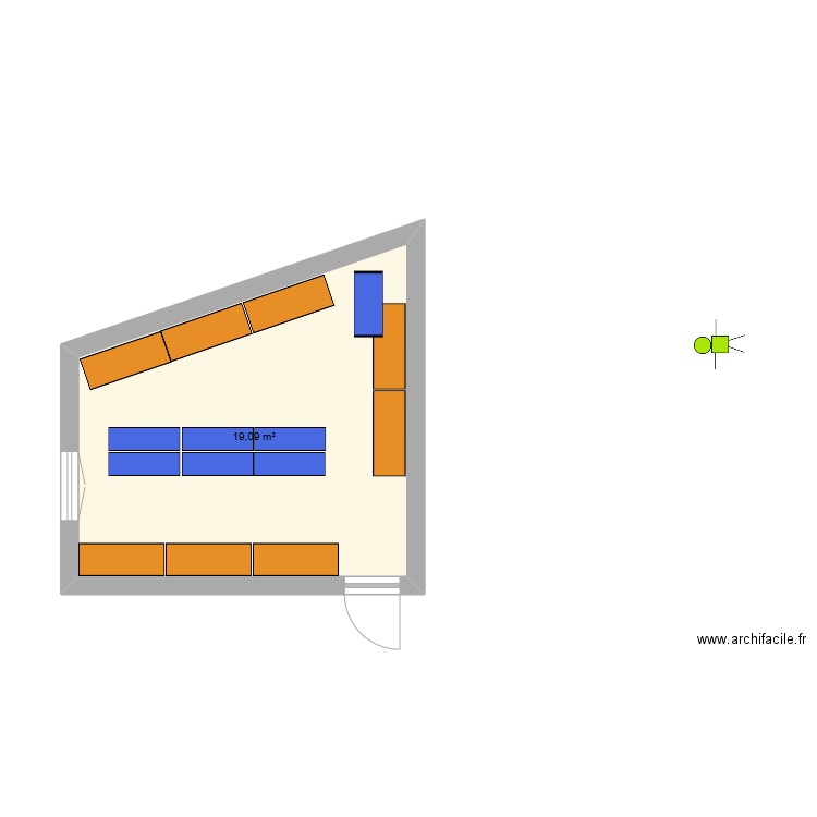 Stock pièces détachées vs base de vie. Plan de 1 pièce et 19 m2