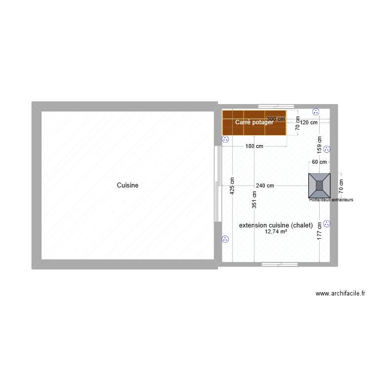 extension cuisine en construction modulaire (chalet). Plan de 2 pièces et 32 m2