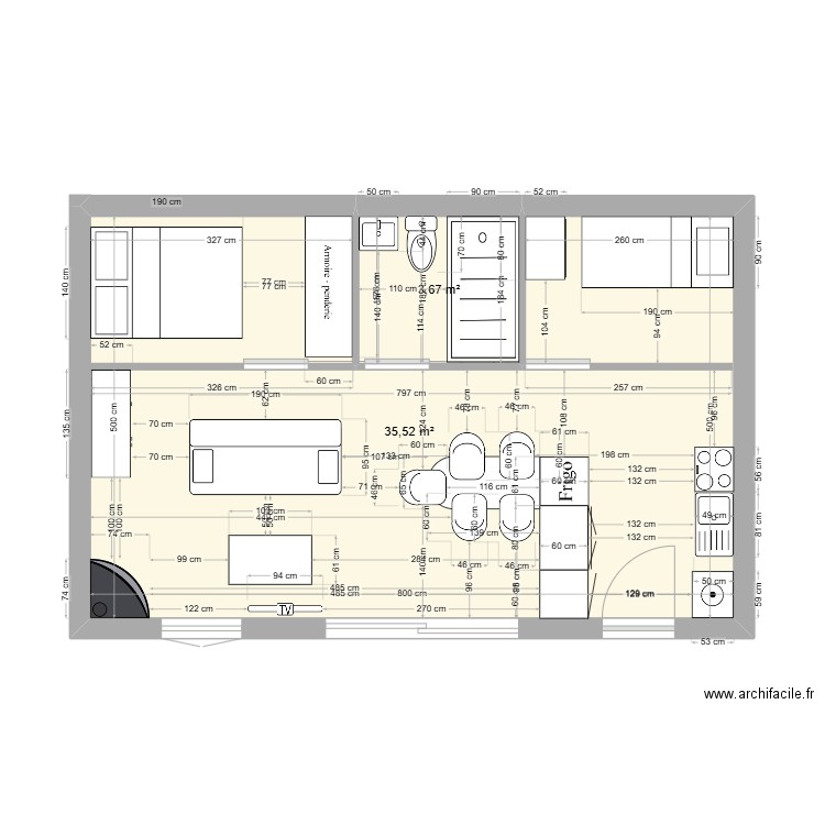 vide. Plan de 2 pièces et 39 m2