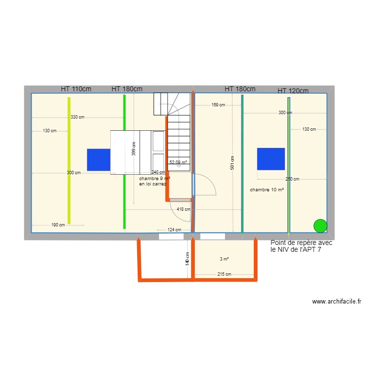 étage appt 7 avec 2 dressing. Plan de 2 pièces et 55 m2