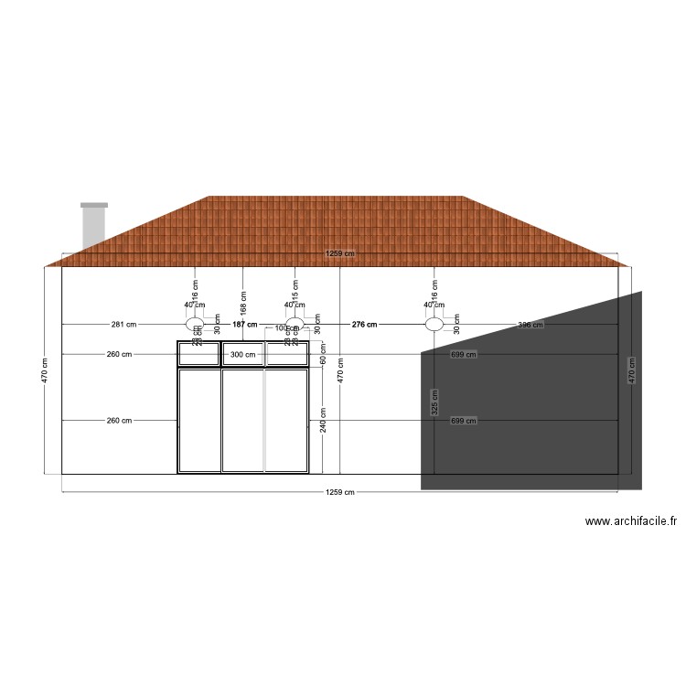 Façade sud finie. Plan de 0 pièce et 0 m2