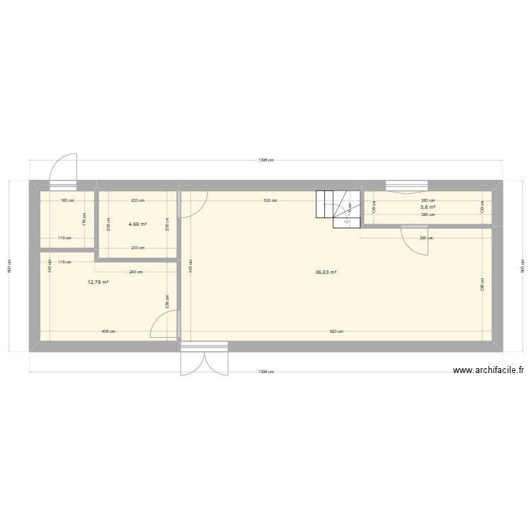 Grange RdC. Plan de 4 pièces et 58 m2