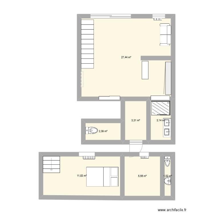 THD. Plan de 7 pièces et 55 m2