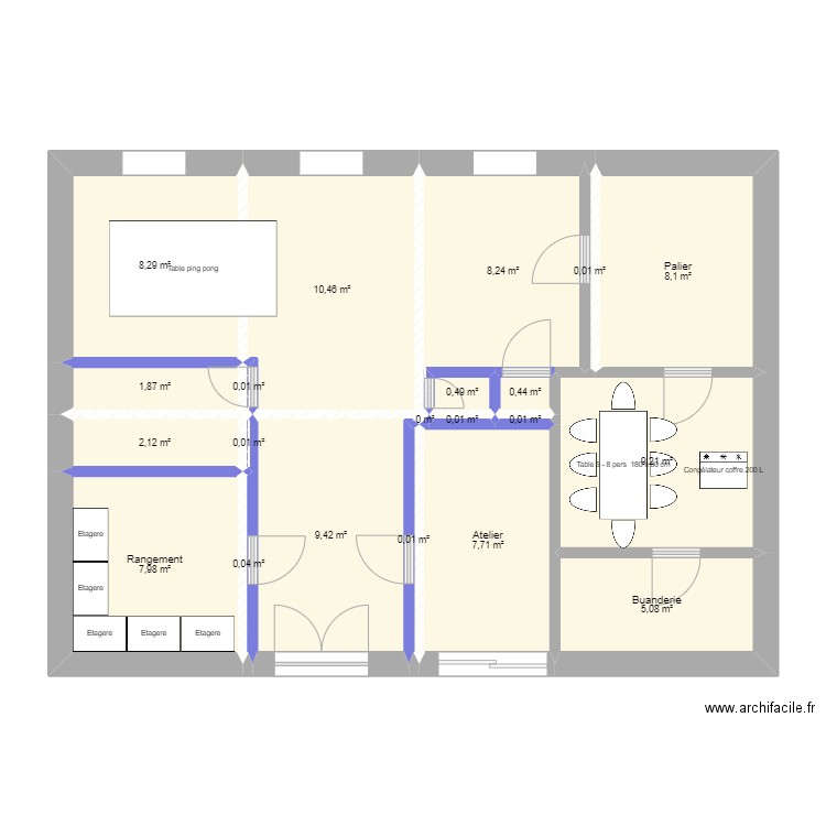 Sous sol Réaménagé. Plan de 21 pièces et 80 m2