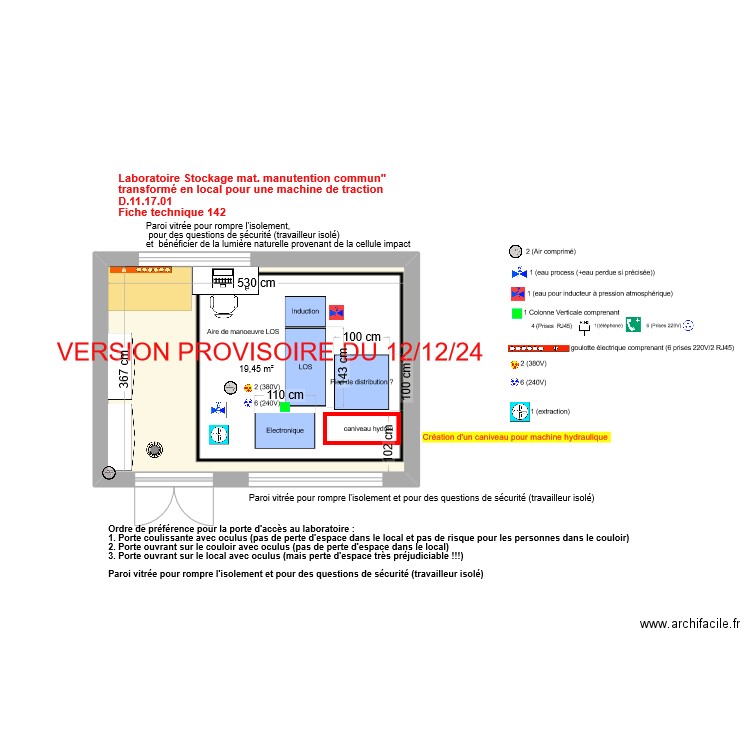 Fiche 142- Stockage mat. manutention commun - Version alternative pour machine d'essai  V2. Plan de 1 pièce et 19 m2