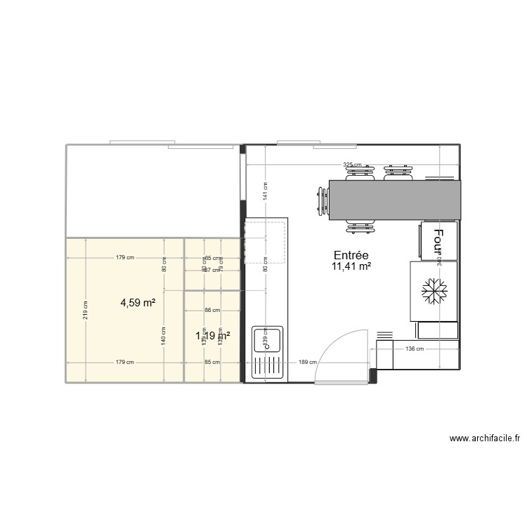 Cuisine + Salle de Bain. Plan de 3 pièces et 17 m2