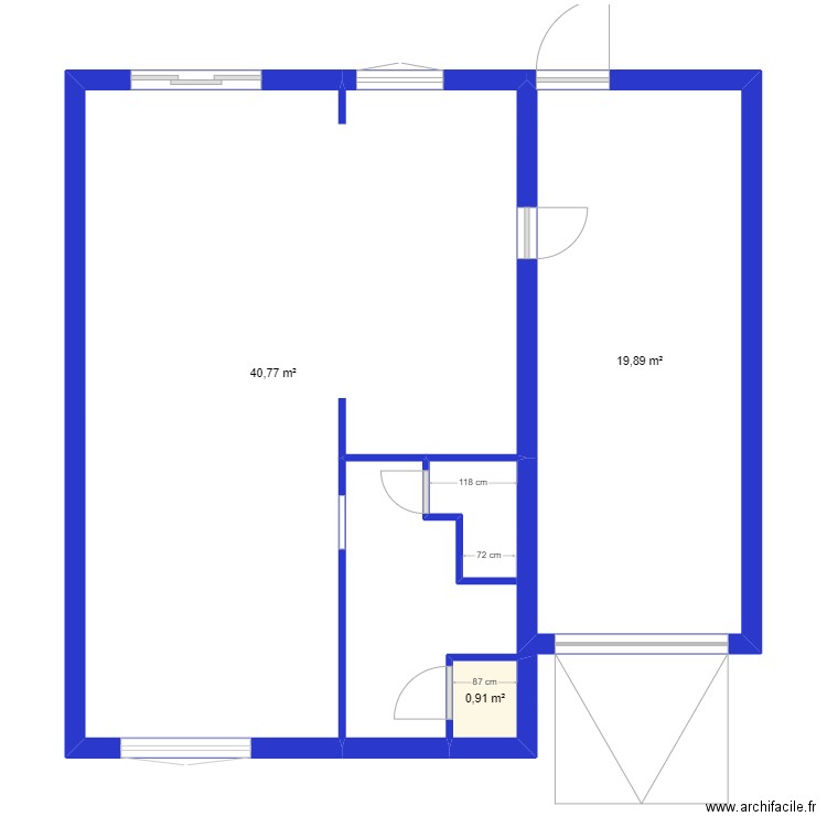 RDC. Plan de 3 pièces et 62 m2