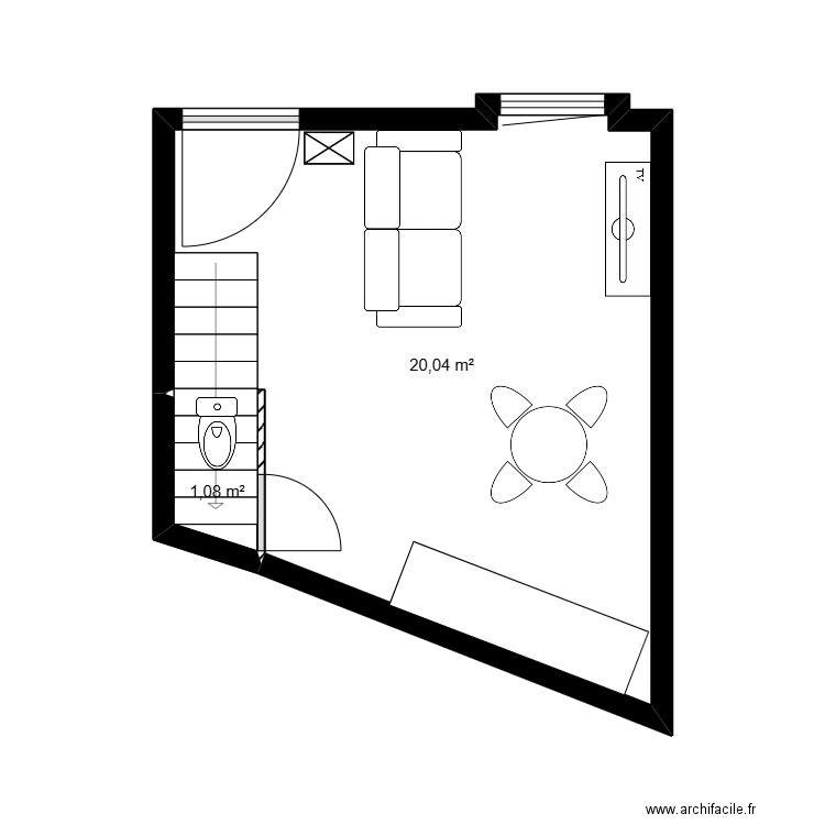 Bibou rdc. Plan de 2 pièces et 21 m2