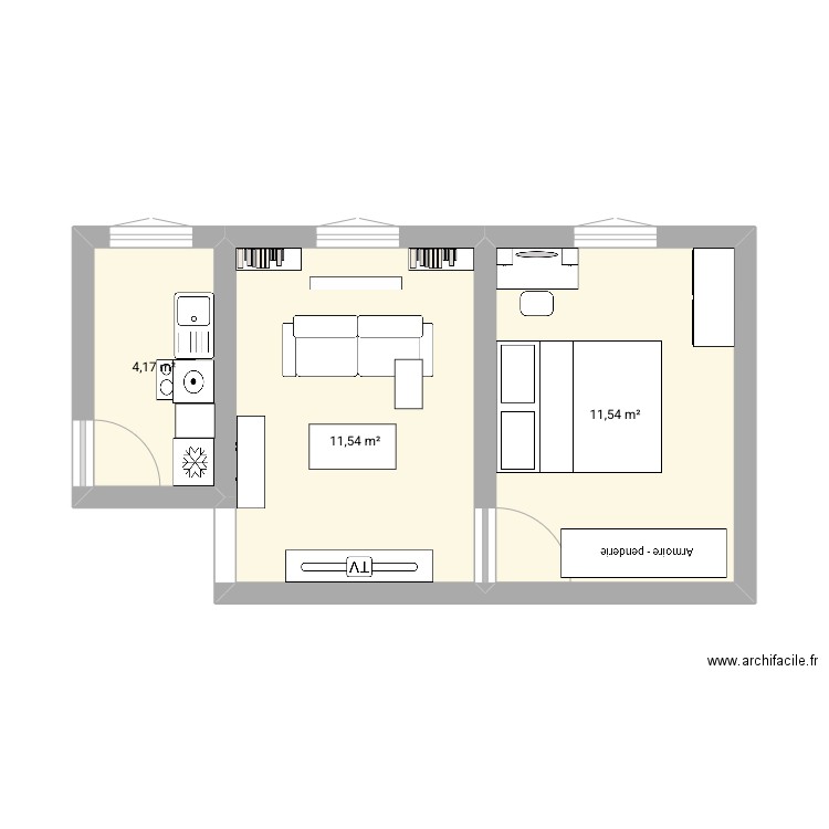 Appart 14 2. Plan de 3 pièces et 27 m2