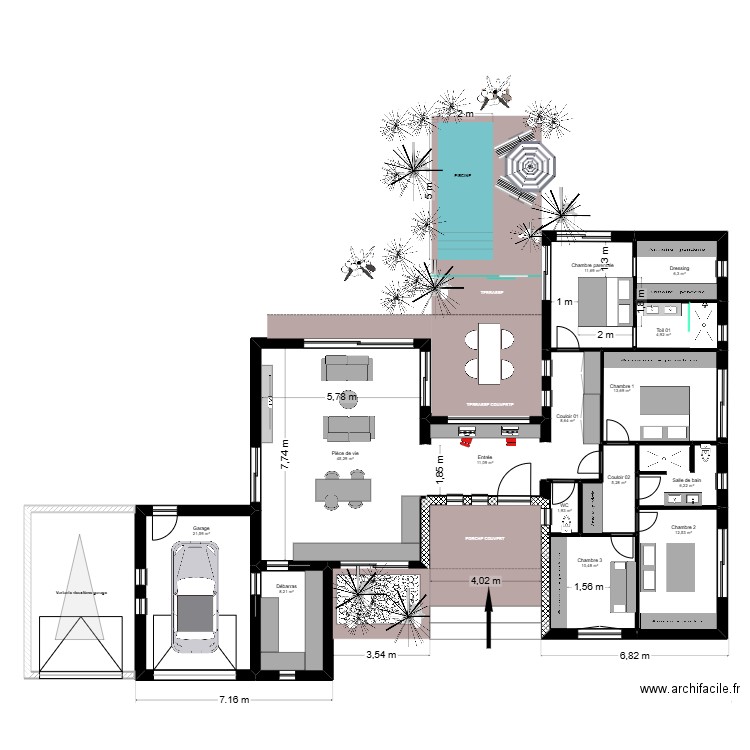 maison en forme de H variante 01. Plan de 14 pièces et 168 m2