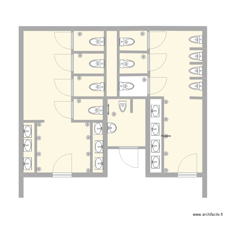 toilettes modele1. Plan de 10 pièces et 46 m2