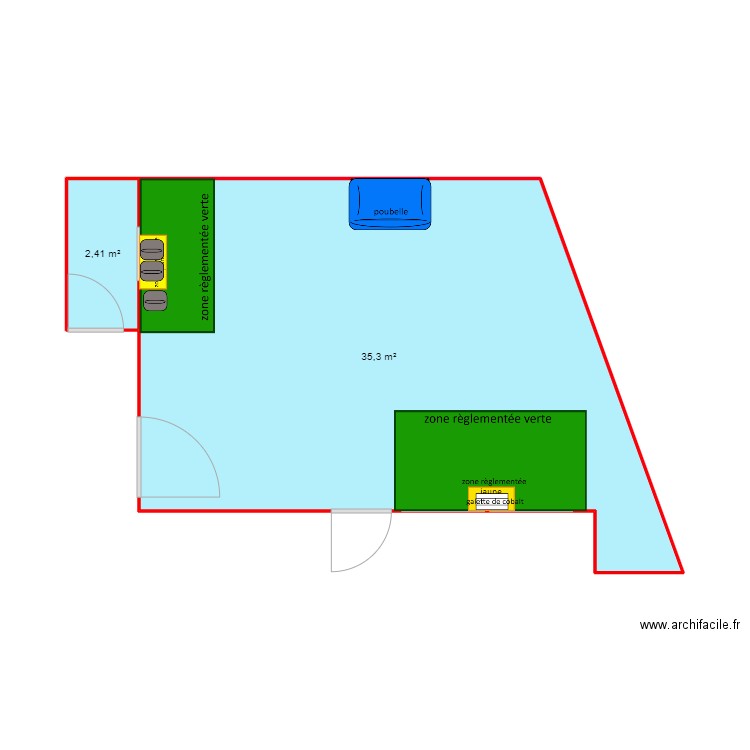 DECHETS Gauche. Plan de 2 pièces et 38 m2